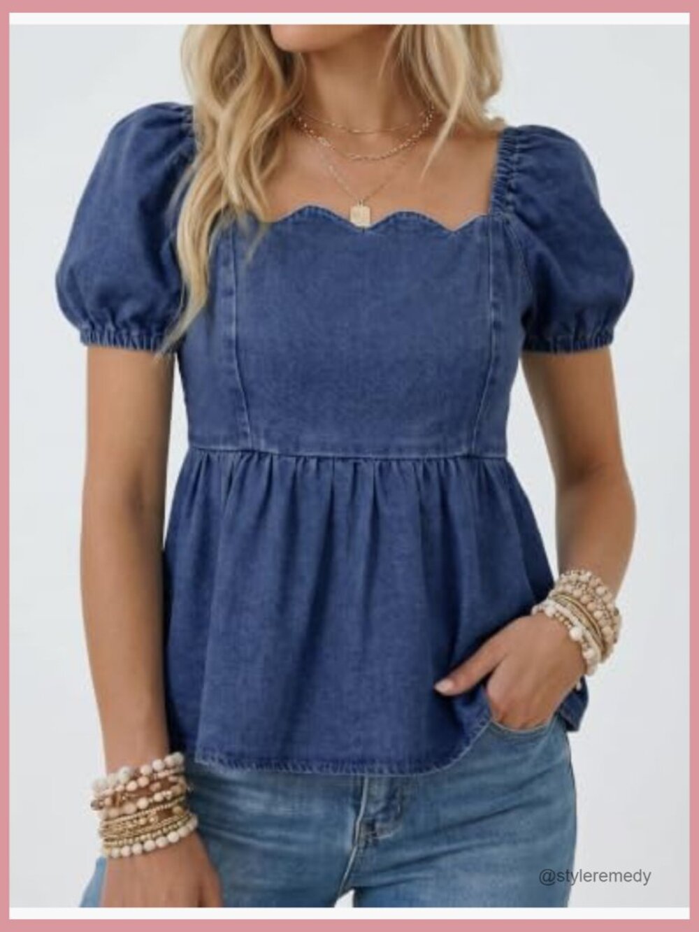 Square Neck Puff Sleeve Denim Top Blouse Button Down Shirt - Picture 6 of 7